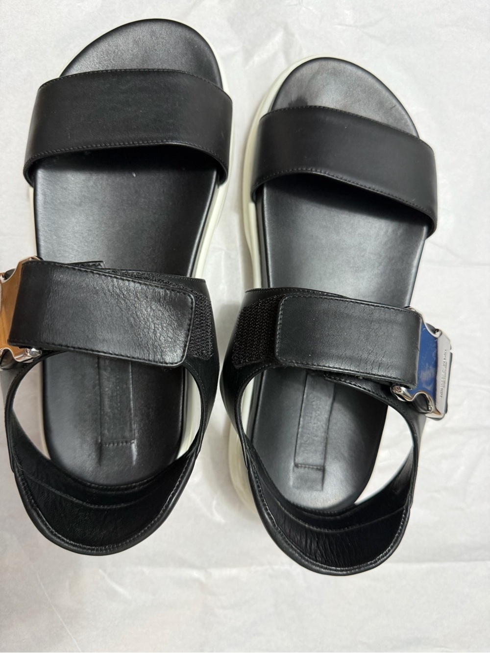 Michael Kors Collection Black Leather Slide Sandals with Silver Buckle